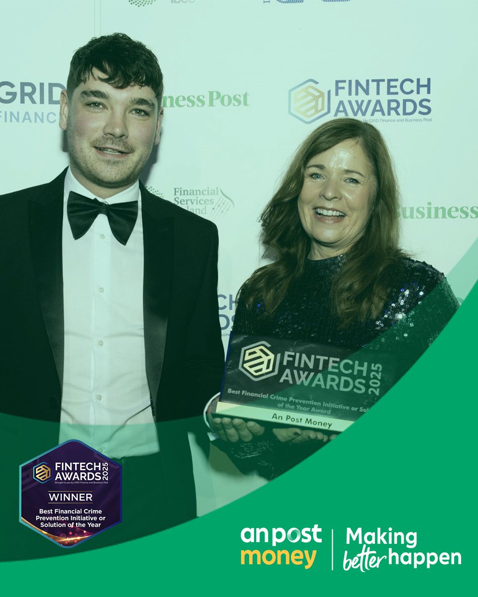 Postvox's tweet image. An Post Money Current Account wins Best Financial Crime Prevention Award 🏆
As the first financial services provider in Ireland to introduce Dynamic CVV for debit cards linked to our Current Account, we’re Making Better Happen by leading the way in online payment security 💫