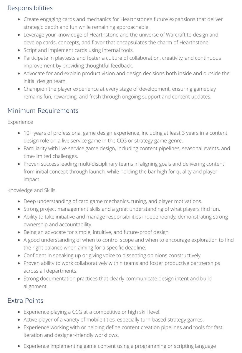 Hearthstone job 👨🏻‍🎨

Make new Hearthstone cards! 🃏

Principal Game Designer 

Link to 10 Hearthstone jobs:

careers.blizzard.com/global/en/sear…