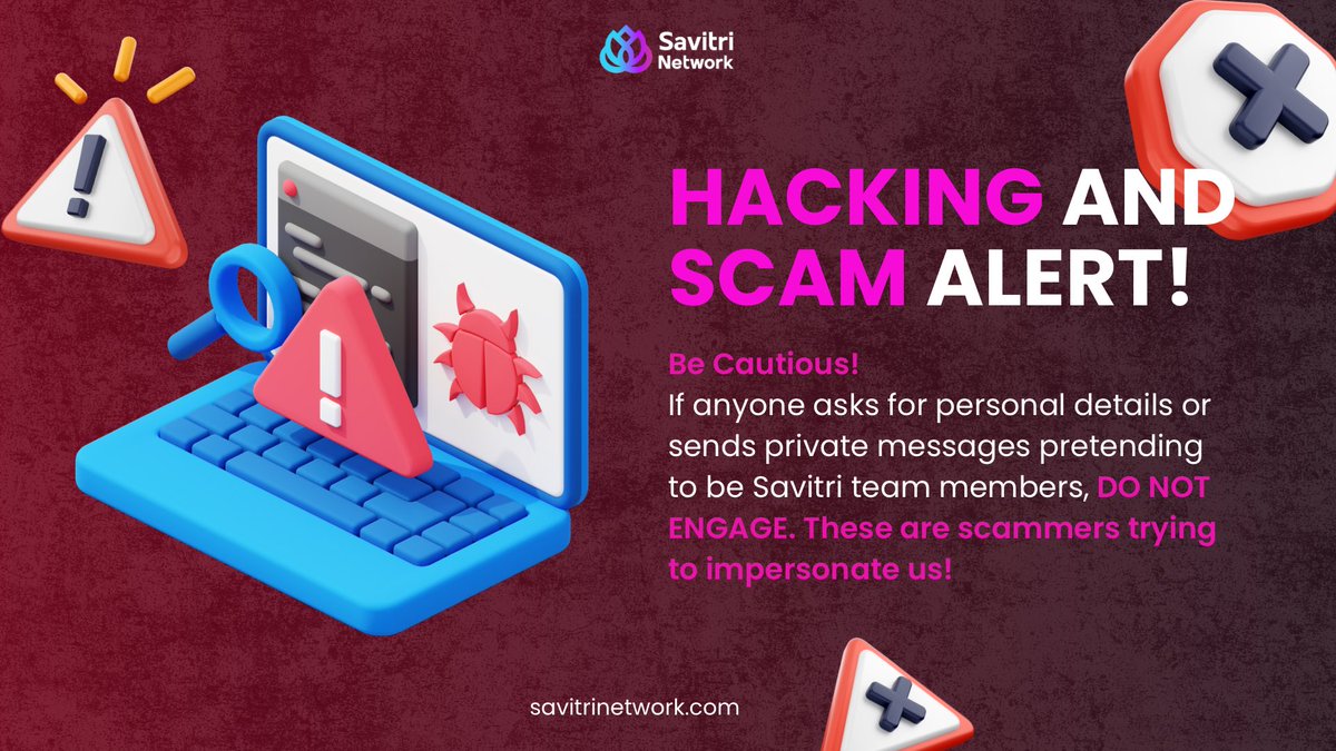 Savitri_Net's tweet image. ⚠️ WARNING: AVOID SCAMS! ⚠️

We want to inform everyone that there has been an attempted attack on our Savitri Discord server. Malicious actors have tried to impersonate our team to deceive you.

❗️ If you receive any suspicious messages or requests pretending to be from Savitri,…