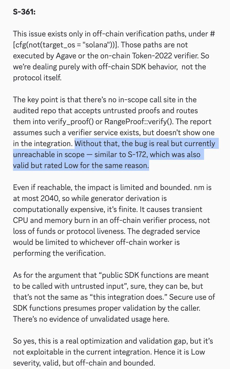 gf_256's tweet image. Riptide:

You submitted two vibed findings that were downgraded because of their limited nature. 

They cause minor performance impact in off-chain consumers when compiled in nonstandard configurations. Setting aside who-decides-what, these findings don&apos;t merit Medium severity.…