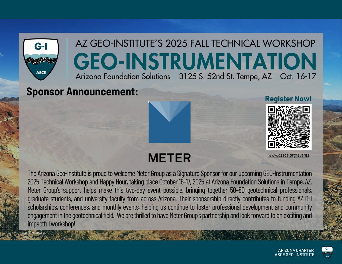 meter_env's tweet image. METER Group is honored to support the AZ Geo-Institute&apos;s 2025 Fall Technical Workshop.

Attend the event: azsce.org/event/geo-inst…
Learn more about METER Group&apos;s Engineering solutions: metergroup.com/solutions/engi…

#engineering #soil #geotech #AZGI
