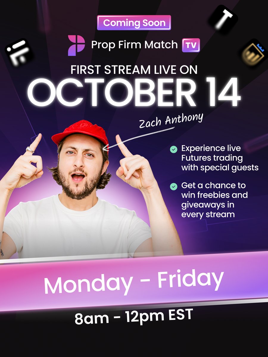 PropFirmMatch's tweet photo. 📣 Introducing PFM TV, coming soon to Prop Firm Match with our host, @iamzarb !

Expect live futures trading weekdays, 8AM–12PM EST, with special guests joining throughout the stream. 

Every broadcast includes giveaways and free accounts. 

Follow @propfirmmatchTV to stay updated.
