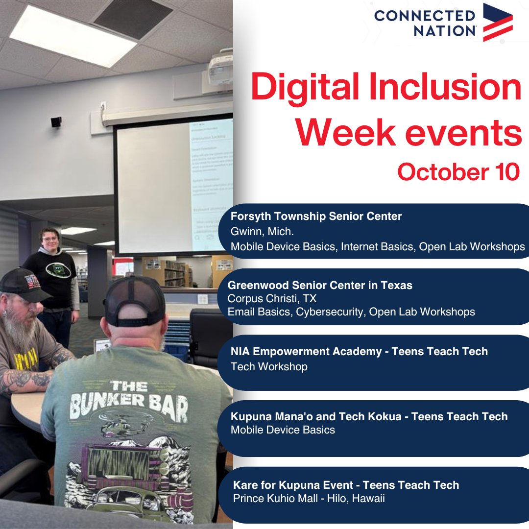 connectmichigan's tweet image. Here's today's list of #DigitalInclusionWeek events! Visit the website below for more info on classes⬇️
P.S. Stay tuned tomorrow for even more classes!
connectednation.org/programs/digit…