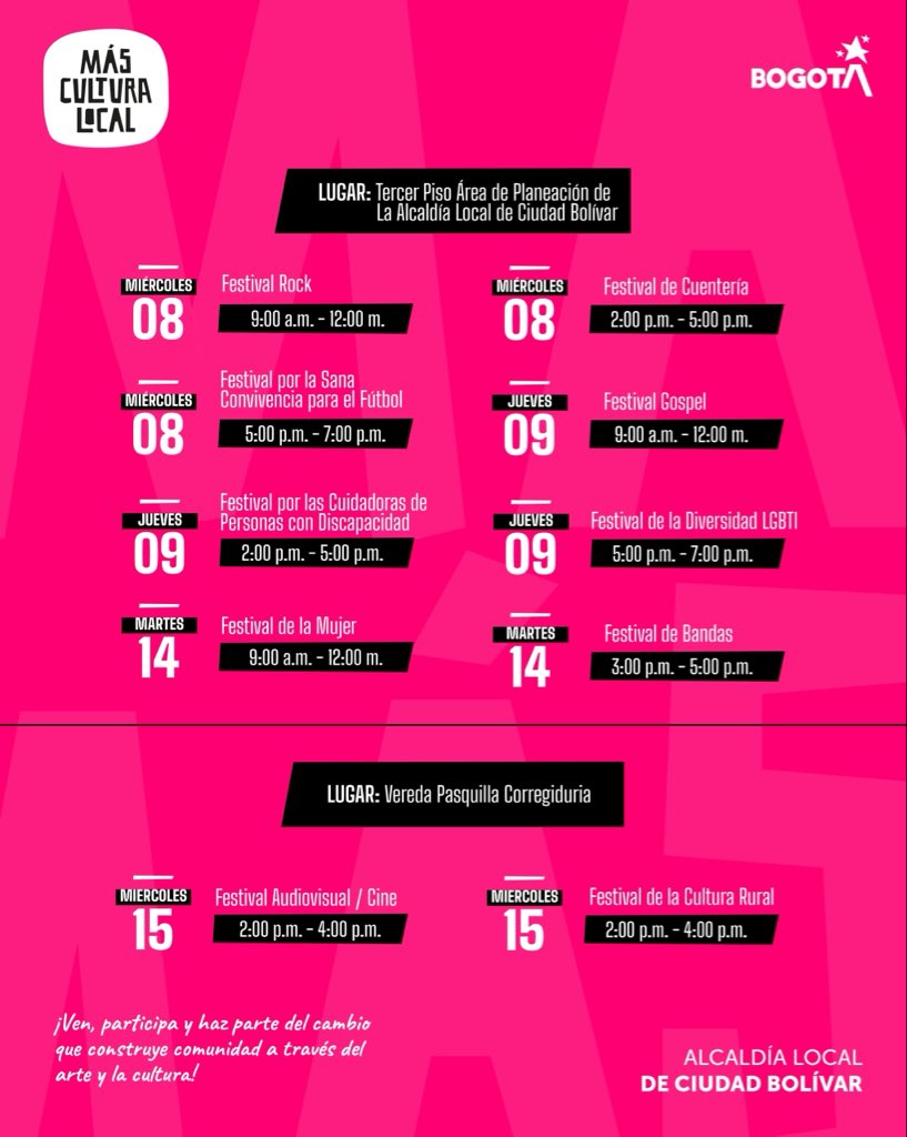 🎭 ¡Se abren las convocatorias del programa Más Cultura Local!
Te esperamos en el tercer piso, área de Planeación de la Alcaldía Local de Ciudad Bolívar, para que conozcas cómo participar y hacer parte de esta gran iniciativa que impulsa el talento de nuestra localidad. 💜🎨