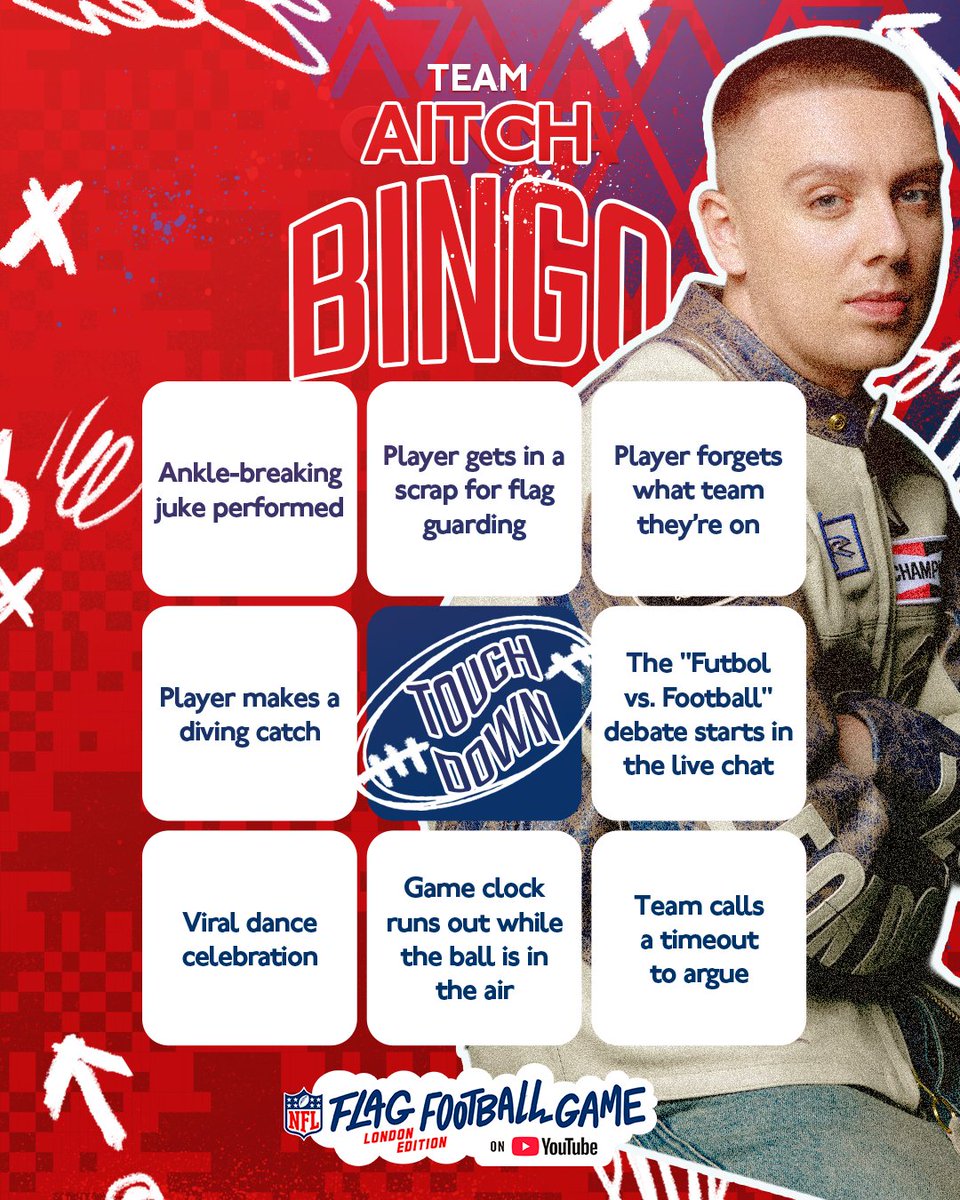 YouTube's tweet image. who's ready for some @NFL flag football bingo? 🏆 pick team @1GunnaGunna or team @OfficialAitch, screenshot your bingo card and get ready to play along tomorrow!