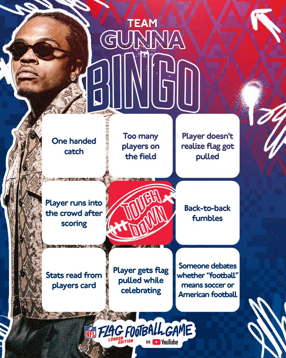 YouTube's tweet image. who's ready for some @NFL flag football bingo? 🏆 pick team @1GunnaGunna or team @OfficialAitch, screenshot your bingo card and get ready to play along tomorrow!