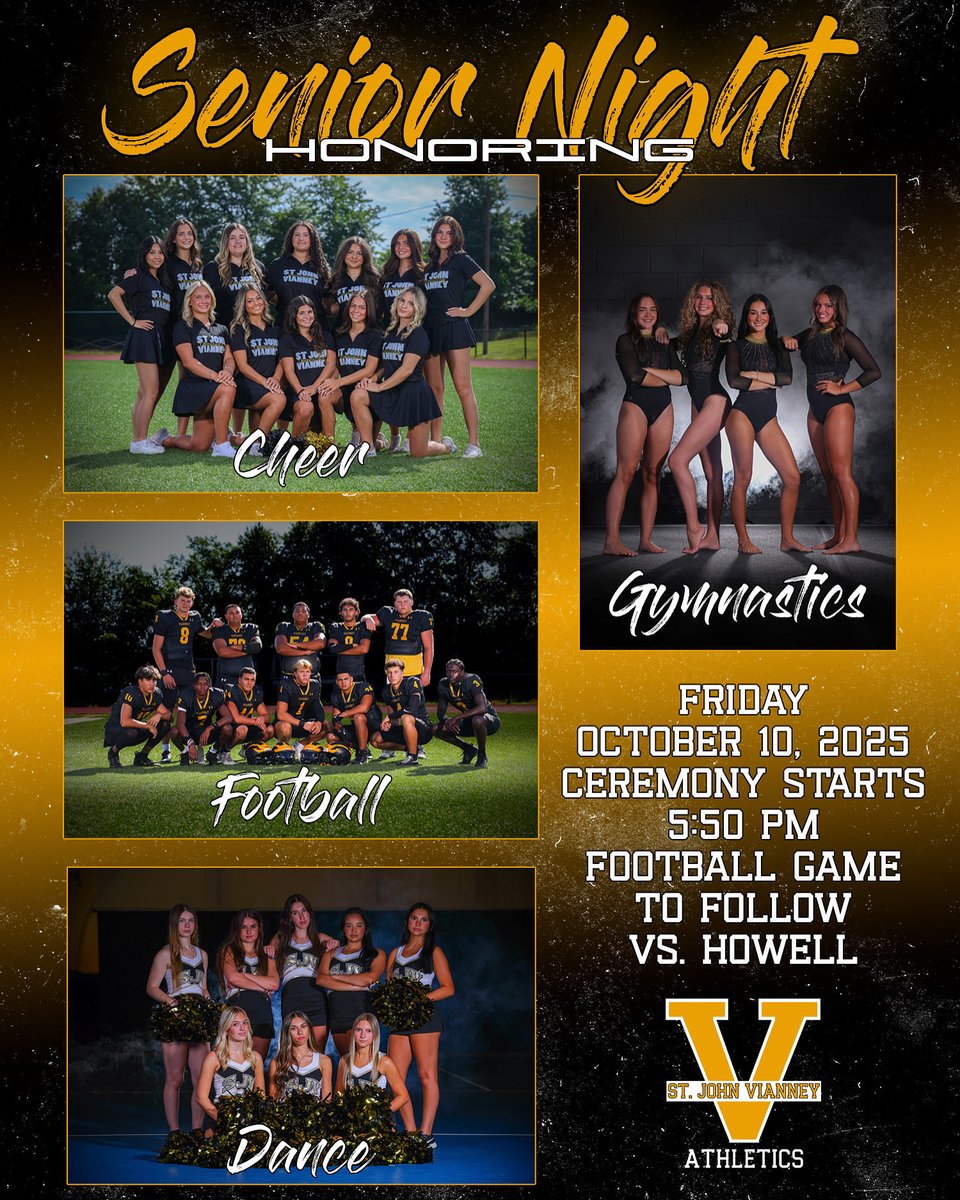 It’s Senior Night! 🖤💛

Tonight, we celebrate our seniors — the heart and spirit of SJV

🤍 Cheer • Football • Dance • Gymnastics
🩷 Pink Out 
⏰ 5:50 Ceremony
🏈 vs. Howell 6:30 Kickoff
🎥 Watch live — link in bio