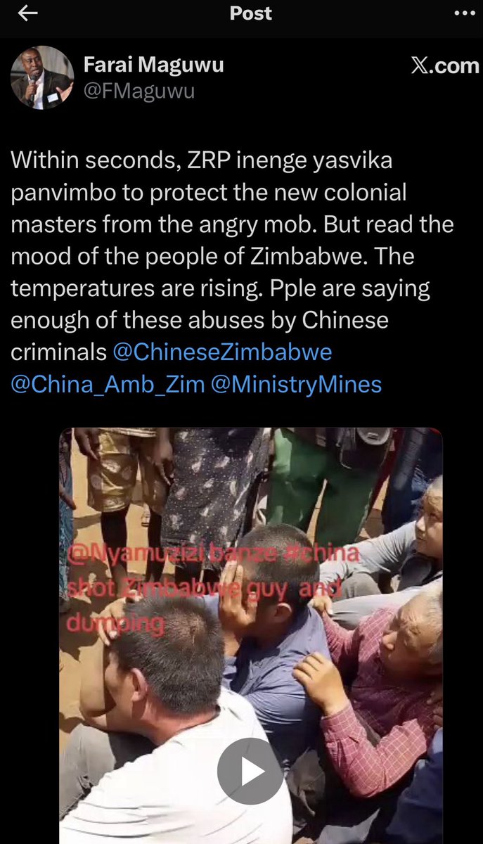 enkudheni's tweet photo. #Zimbabwe
#BreakingNews
@FMaguwu I hope after reading this statement you will delete your desperate misinformation postโผ๏ธ
The company's statement - โAt 00:33 on October 9, 2025, several armed gangsters attacked a Chinese-owned gold mine in #Mutoko, Zimbabwe, with the intention of committing a robbery. The on-duty Chinese engineer, using a legally registered submachine gun, fired warning shots into the air in an attempt to stop the robbery, after which the robbers fled. At around 7 a.m., a gangster with severe injuries was found 1 kilometer away from the crime scene and died shortly afterward. Upon discovering the situation, the enterprise immediately went to the local police station to report the incident. While the police were on their way to the scene, some local villagers who were unaware of the truth saw the gangster's body, mistakenly believed that Chinese employees had committed illegal acts, and besieged several innocent Chinese employees. The @PoliceZimbabwe promptly took control of the scene.
Currently, the local police have launched a manhunt in a timely manner and quickly arrested two accomplices involved in the robbery. Both have confessed to their criminal acts, and the search for other suspects involved in the case is still underway.
The Chinese engineer who fired the shots is currently under police investigation, awaiting the final conclusion from the policeโ
@MoFA_ZW @ShaveHon @ali_naka @ProfJNMoyo @JobSikhala1 @DubekoSibanda @MimiReeds @DivhaAfrica @Jewels_MsJay @Jamwanda2 @FelySMutsakani @daddyhope @NewsHawksLive @ZBCNewsonline @nickmangwana @CMukungunugwa @Kaguvi_news @newswireZW @zanupf_patriots @ZanuPFMabvuku @zim_china @bbmhlanga @Mavhure @nickmangwana @matigary etc