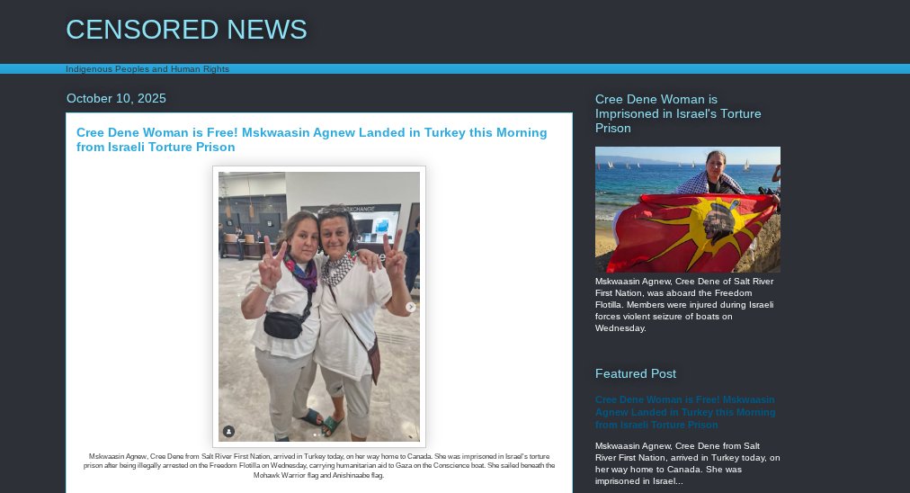 WaterLakota's tweet image. Mskwaasin Agnew, #Cree #Dene, arrived in Turkey today from Israel&apos;s torture prison. She was illegally arrested on international waters on the Freedom Flotilla, carrying humanitarian aid to Gaza. She sailed beneath the #Mohawk Warrior flag and #Anishinaabe flag. Censored News