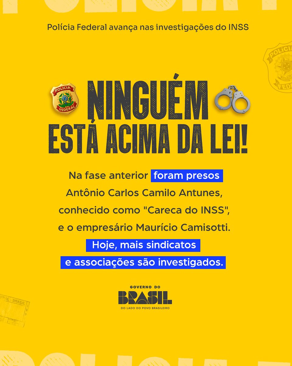 ptbrasil's tweet image. O governo do presidente Lula segue firme nas investigações para identificar e punir os responsáveis pelos roubos e desvios que atingiram aposentados e pensionistas do INSS.
Desde o início, o governo tem agido com transparência e rigor, mobilizando a Polícia Federal, o Ministério…