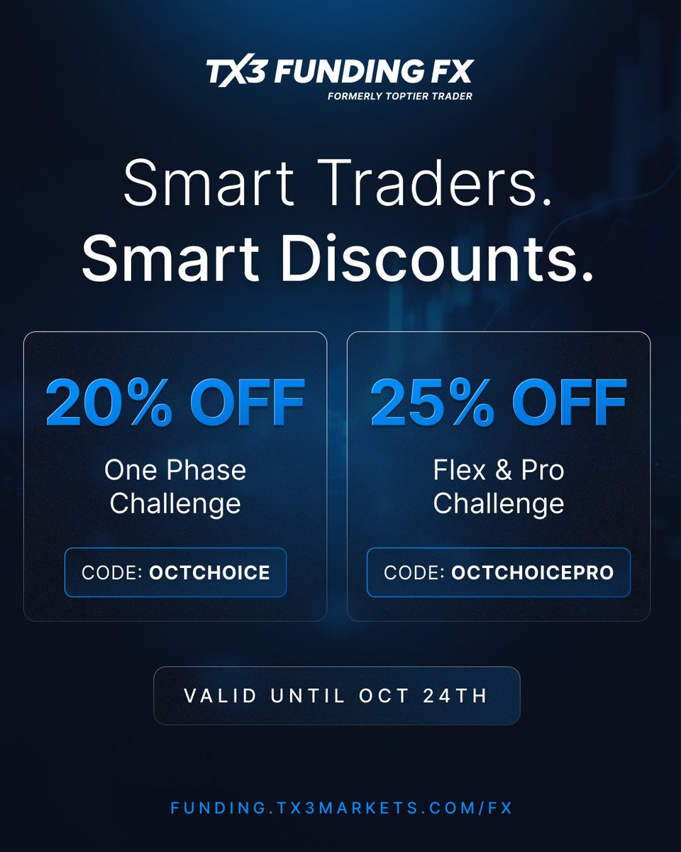 Smart traders deserve smart discounts.

1️⃣ 20% OFF One Phase Challenge → Code OCTCHOICE
2️⃣ 25% OFF Flex &amp; Pro Challenges → Code OCTCHOICEPRO

Valid until October 24. 👉🏻 Start your challenge today.
.
.
.
#TX3Funding #PropTrading #Forex #TradingChallenge