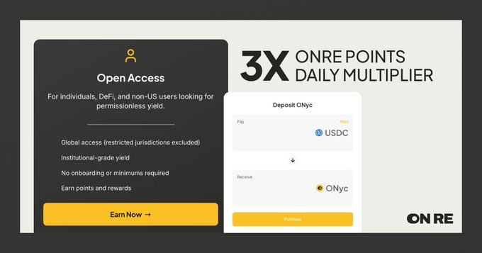 IdaraImeh's tweet image. Stack OnRe Points like a pro ⚡️

From now until Oct 30, you can earn triple points daily just by holding ONyc. The more you swap and hold, the higher your total score climbs. It’s that simple.

Example: 2,000 ONyc held for 14 days earns you 
84,000 points. Do this smartly across…