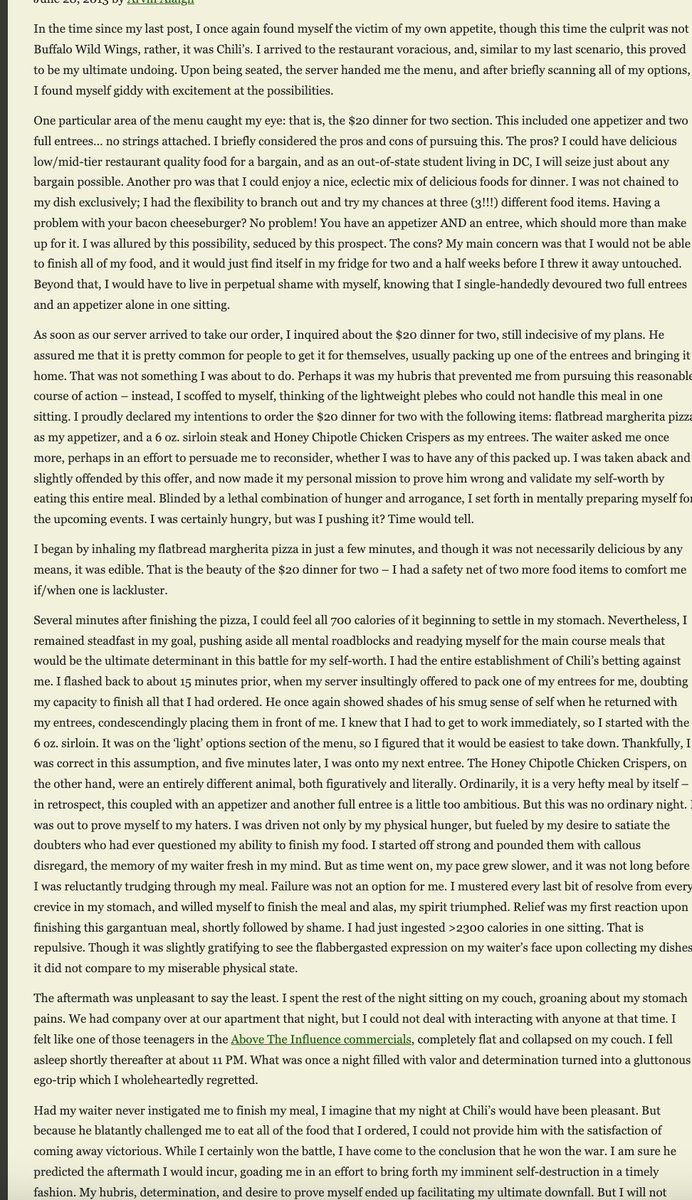 you at 19: crafting the perfect Nut Graf for prestige literary magazine debut

me at 19: 1200 words on overeating chili's for official college of william &amp; mary blog