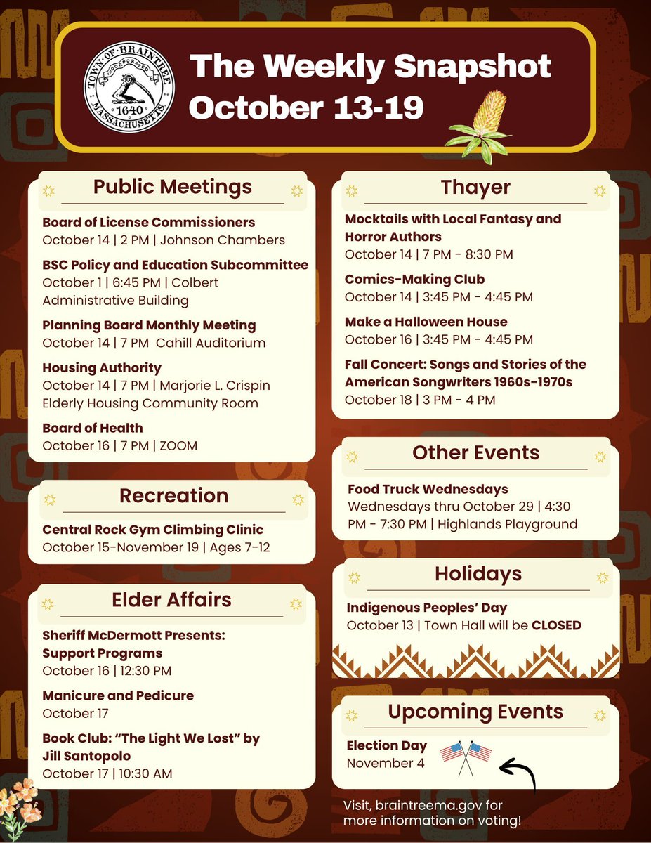 Check out what's happening in Town from October 13-19. For more information, visit: braintreema.gov.