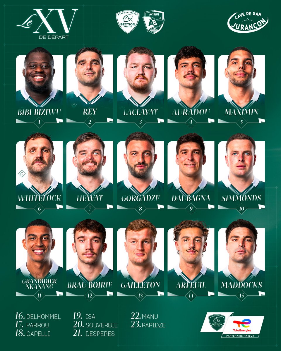 📋 𝐋𝐚 𝐜𝐨𝐦𝐩𝐨

🔥 Nos 23 𝐕𝐞𝐫𝐭 𝐞𝐭 𝐁𝐥𝐚𝐧𝐜 pour la réception de Bayonne samedi à 14h30 au Hameau !

🔐 Match à guichets fermés ! 

#SPAB #TOP14 #HonhaSection