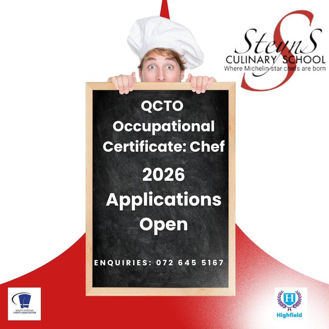SteynsCS's tweet image. 🔥 Matrics 2025 — ready to cook up your future?
Study the QCTO Occupational Certificate: Chef at Steyns Culinary School in Pretoria.
Hands-on training. Real kitchens. Real skills. 👩‍🍳
📅 2026 applications OPEN!
 | WhatsApp 072 645 5167
#FutureChef #AfterMatric #CulinarySchool