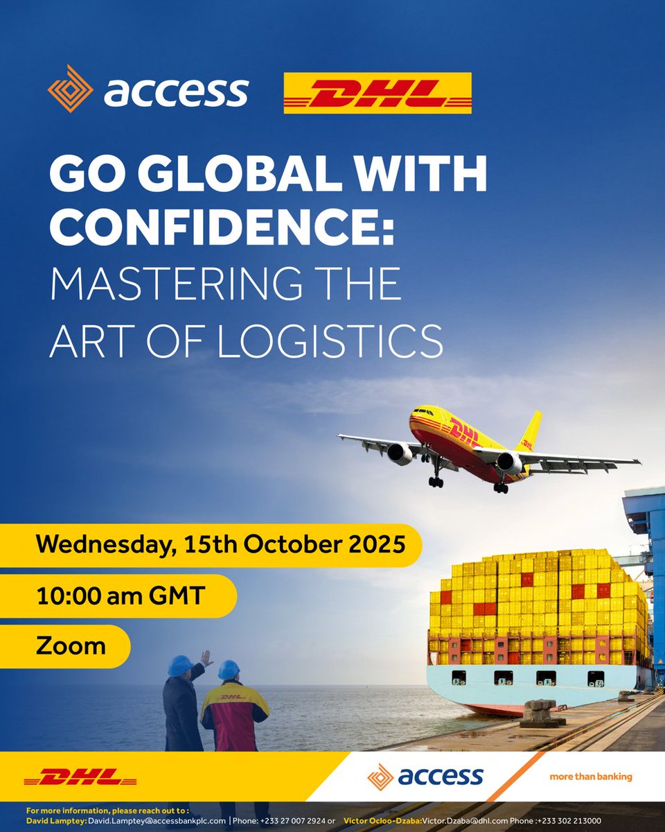 Thinking global? Let’s make it happen! 🌐 Access Bank and DHL are teaming up to help SMEs like yours navigate the world of trade and logistics with ease and confidence.

15 October 2025 | 11:00 AM |  Zoom
🔗 Register now: tinyurl.com/484uppff

Your gateway to global markets