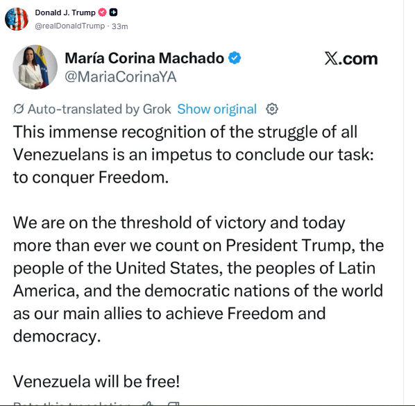 #AHORA 🇻🇪📲 El presidente de #EEUU, Donald Trump, compartió en Truth Social el mensaje que le dedicó María Corina Machado tras recibir el Premio Nobel de la Paz 2025.

En X, la líder opositora escribió: “¡Dedico este premio al sufrido pueblo de Venezuela y al presidente Trump por