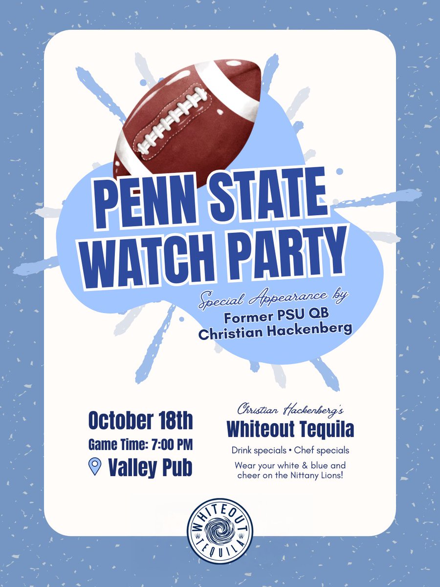 We’re bringing Whiteout to Chester Valley! Join us at the Valley Pub for a Penn State Watch Party featuring an appearance from <a href="/chackenberg1/">Christian Hackenberg</a>!

🍶 Whiteout Tequila drink specials

👨‍🍳 Chef Specials inspired by game day Favorites

🌀 A fun, spirited night with other PSU fans

No