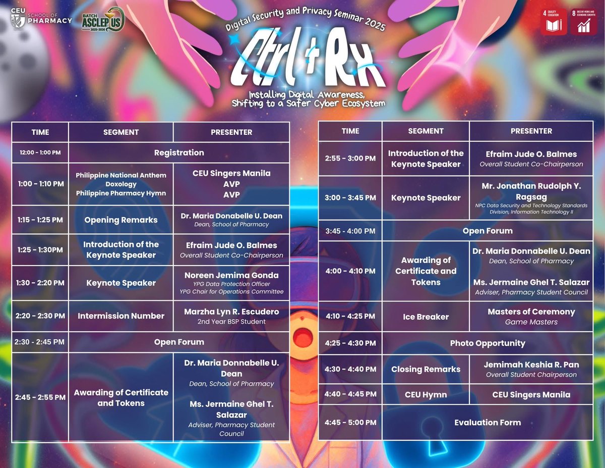psc_ceumnl's tweet photo. 💻 𝐑𝐞𝐚𝐝𝐲 𝐭𝐨 𝐬𝐭𝐚𝐧𝐝 𝐮𝐩 𝐟𝐨𝐫 𝐃𝐢𝐠𝐢𝐭𝐚𝐥 𝐒𝐞𝐜𝐮𝐫𝐢𝐭𝐲 𝐚𝐧𝐝 𝐏𝐫𝐢𝐯𝐚𝐜𝐲? 🔒

Here’s the Official Program Flow for the  Digital Security and Privacy Seminar 2025!

#BatchAsclepius
#DSP2025 #PSC2526 https://t.co/axXTffoOig