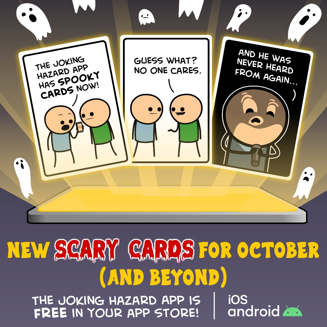 Explosm's tweet image. SPOOKING HAZARD??? Starting in October, we’re releasing SCARY CARDS in our Joking Hazard Mobile Game. The app is 100% FREE, search “Joking Hazard” in your preferred app store!