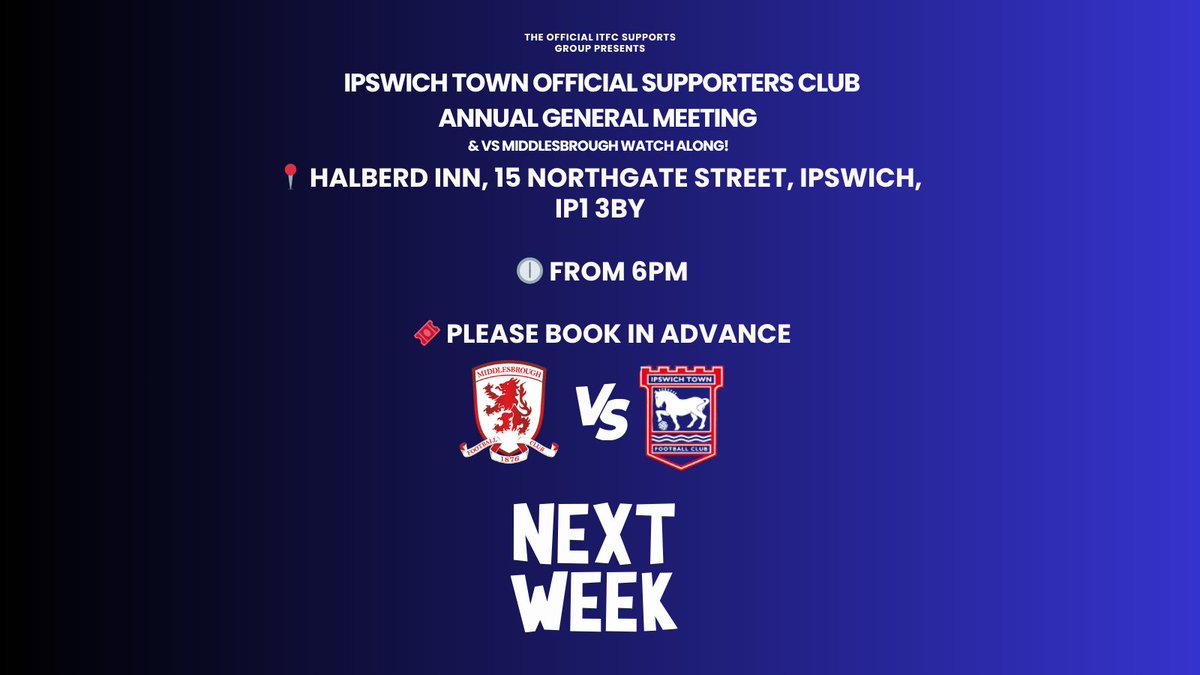 ⏳ Just 1 week to go!

Our Ipswich Town Official Supporters Club AGM &amp; Watchalong is happening next week!

📍 Halberd Inn, Ipswich
🕕 Starts 6pm
🎟 Please register in advance

👉 Registration here: eventbrite.com/e/ipswich-town…