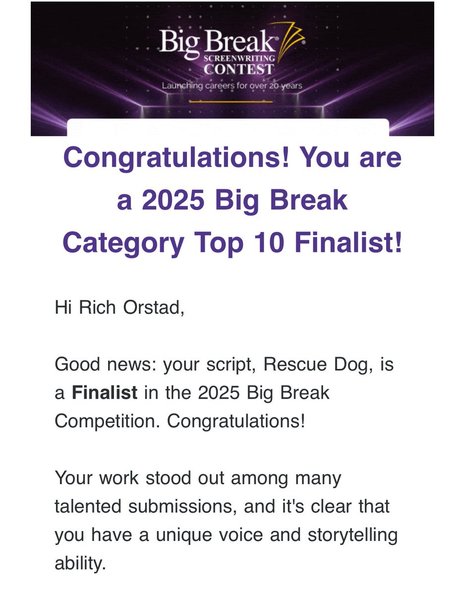 richorstad18's tweet image. ACK!! So exciting!!

RESCUE DOG is a Big Break Finalist!! Holy smokes, what a way to roll into the weekend…thrilled, honored, and humbled to be on this list. Thank you so much @finaldraftinc and congrats to all the Finalists in all categories! 🙏🙌
