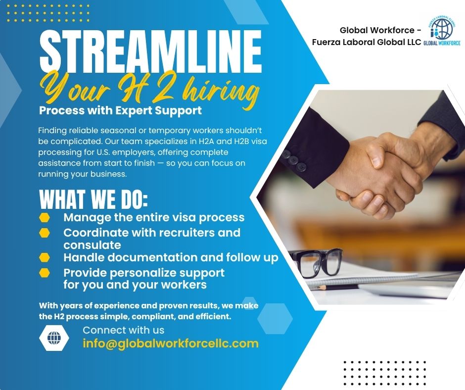 GlobalWorkLLC's tweet image. We believe in creating win-win opportunities: for employers seeking efficiency, for workers pursuing growth, and for communities building stronger economies. 

Accelerate your business with qualified labor.
#H2A #H2B #TNvisa