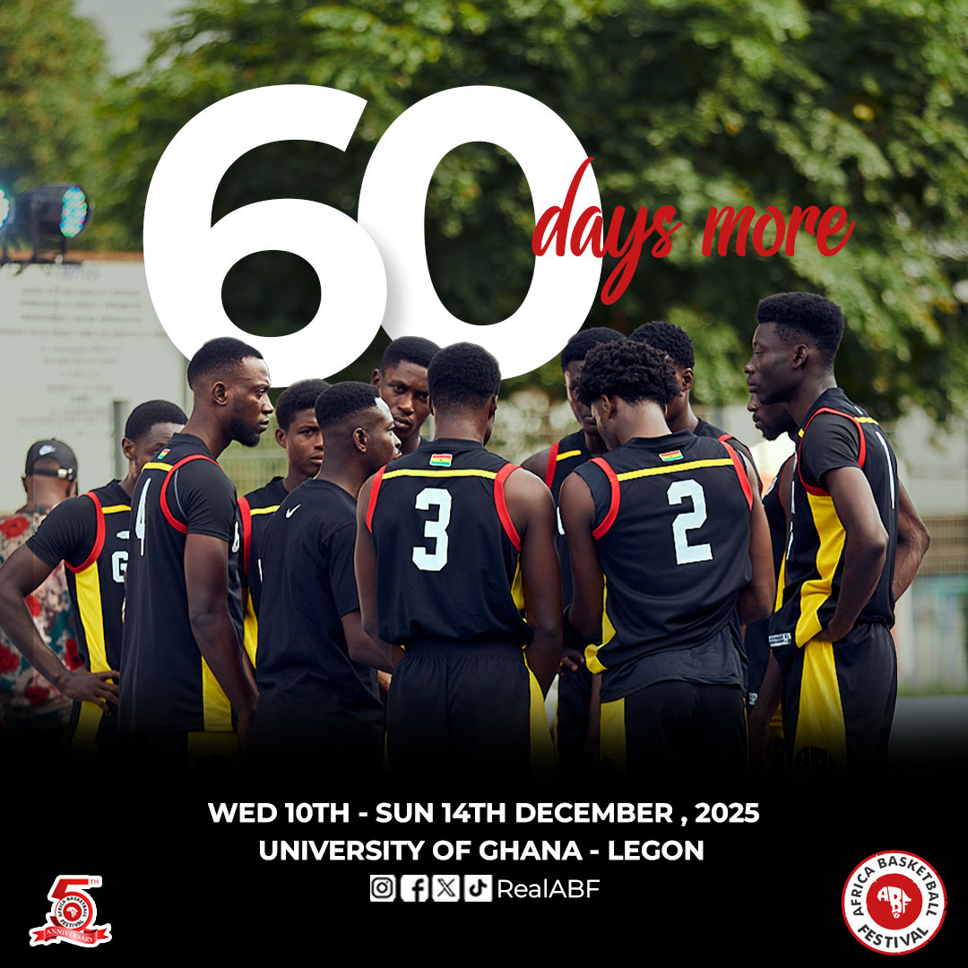 realabf's tweet photo. The 2025 Africa Basketball Festival is 60 days away!!

📆10th to 14th December 2025 
📍University of Ghana, Legon

#abf25 #abfat5 #5at5 #africabasketballfestival https://t.co/Y0n79ZVAfo