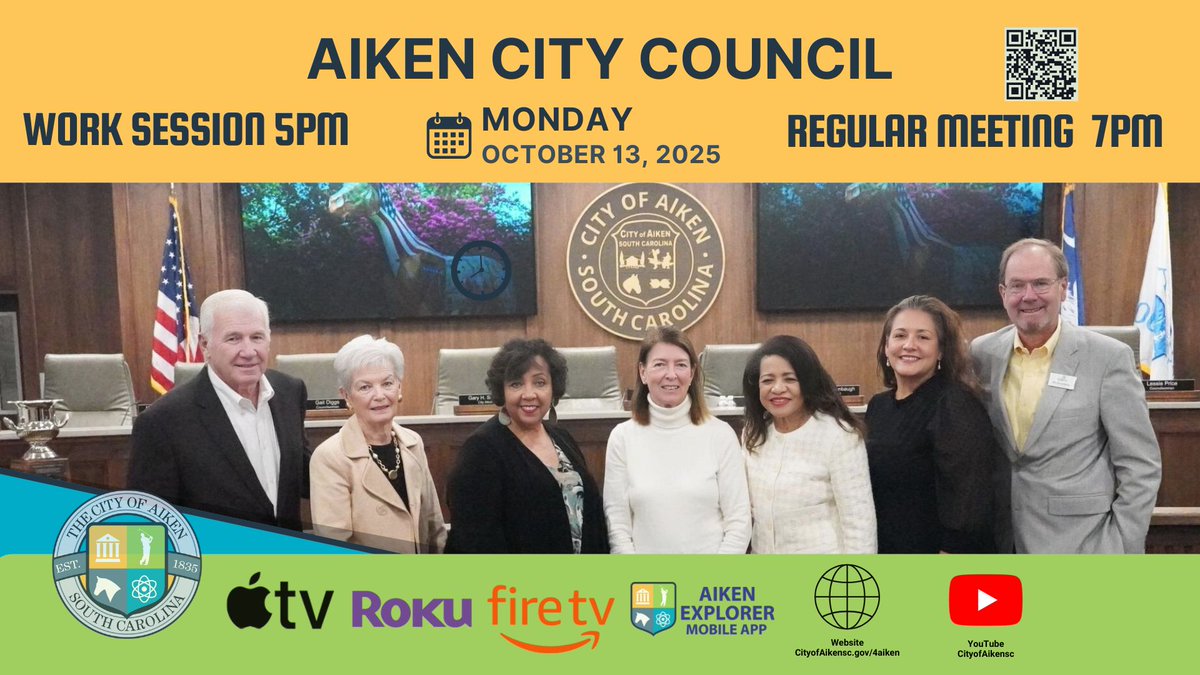 City Council Meeting – Monday, October 13, 2025 
Work Session  Agenda: cityofaikensc.gov/ccws
Regular Council Meeting Agenda: cityofaikensc.gov/cca