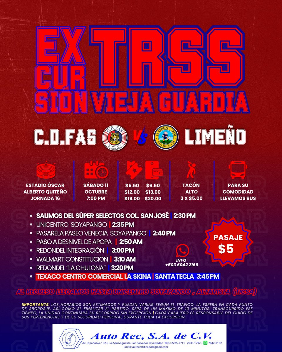 🗓️ Sábado 11 de octubre 2025
🆚  M. Limeño
⌚️ 7:00 PM
🏟️ Estadio Óscar Alberto Quiteño | Santa Ana
🎫 General $5.50 | Sombra $12 | Tribuna $19
💻 General $6.50 | Sombra $13 | Tribuna $20