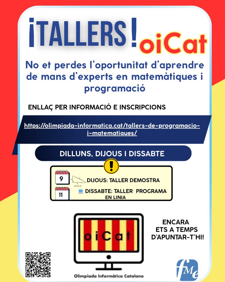 oicatalana's tweet image. 👩🎓 Dirigit a alumnes d’ESO i Batxillerat amb ganes de créixer, aprendre i competir!
Anima’t i viu l’experiència olímpica!
#oiCat #OlimpíadaCatalana #Matemàtiques #Programació #ESO #Batxillerat #TalentsJoves #STEM #Motivació