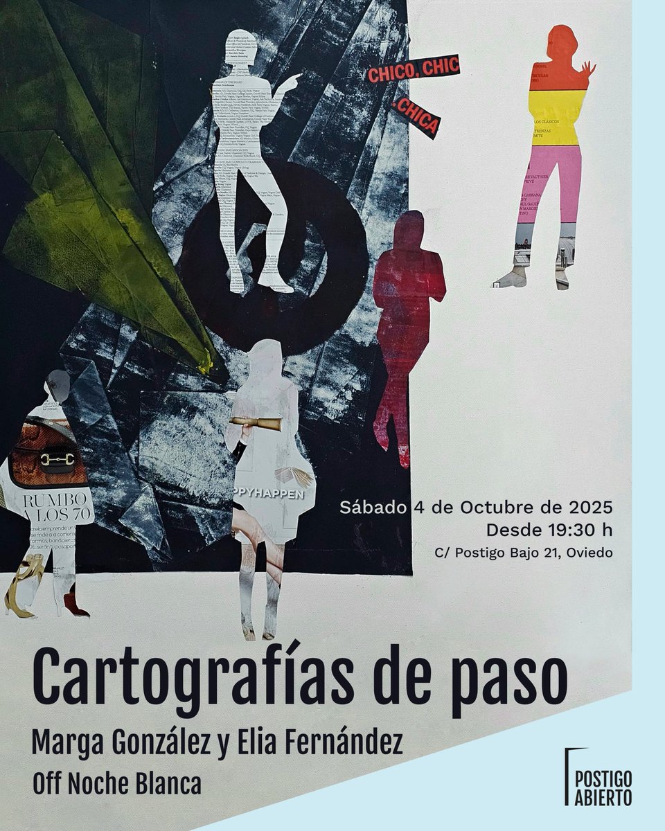 - "Cartografías de Paso" (exposición de Marga González)
- Pared de los Susurros - Postigo Abierto (Postigo Bajo, 21. Oviedo)
- Entrada libre
- Hasta 31 de octubre de 2025, lunes a viernes, 17:30 a 21:30 horas, así como en los días y horas de eventos de Postigo Abierto.