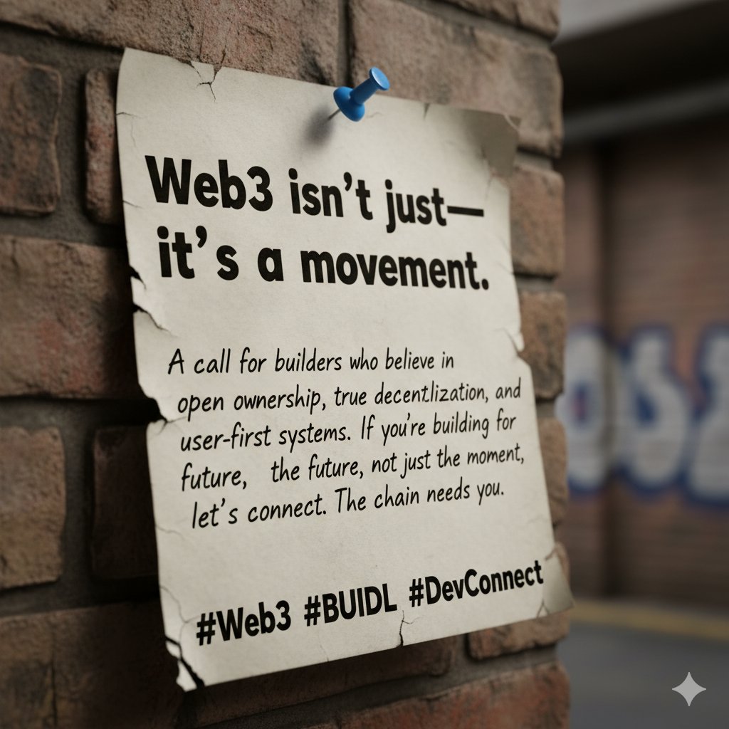 Sirdaddy015's tweet image. Web3 isn’t just tech—it’s a movement. A call for builders who believe in open ownership, true decentralization, and user-first systems. If you&apos;re building for the future, not just the moment, let’s connect. The chain needs you. #Web3 #BUIDL #devconnect