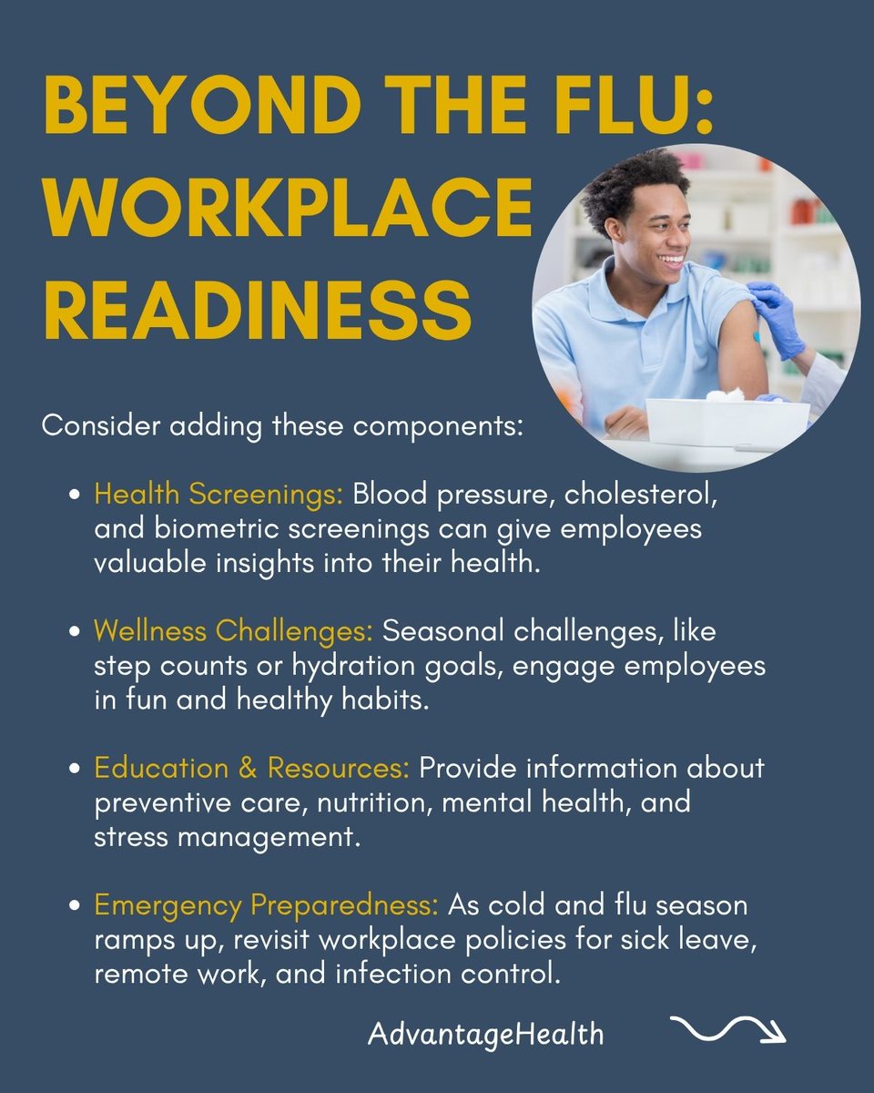 AdvantageHealt4's tweet photo. Fall is peak flu season &amp; an important time to stay current with other recommended vaccines such as  shingles, and pneumonia (depending on age and health status). Immunizations help reduce absenteeism, improve overall employee health &amp; support a culture of wellbeing at work. https://t.co/KAnz8wPWpc