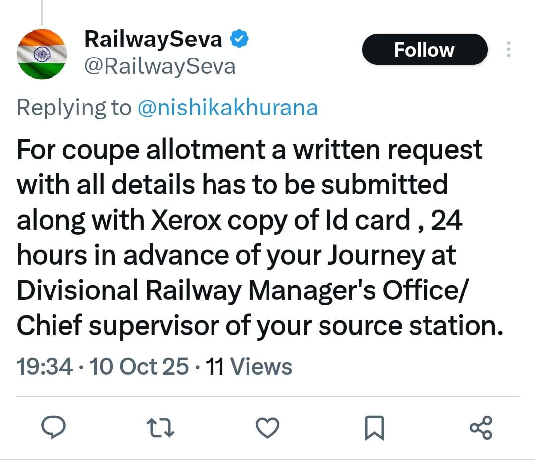 Formal complaint from mine side 
To 
The <a href="/RailMinIndia/">Ministry of Railways</a>
         <a href="/RailwaySeva/">RailwaySeva</a>
         <a href="/drmkota/">DRM KOTA</a>
         <a href="/PMOIndia/">PMO India</a>
 Subject: Arbitrary Allotment of 1st AC Coupe to Duty-Pass Holder Despite Confirmed Passenger Booking

I had a confirmed 1st AC ticket PNR- 2241140952 on Train No.