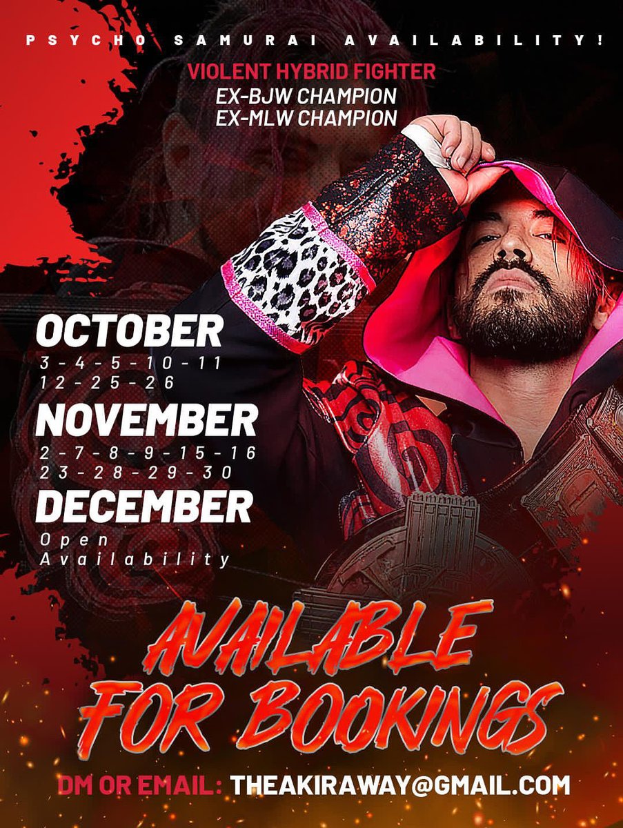 theakiraway's tweet image. Available for bookings for the rest of the year into next year. 

I’m one of the best in the world, more versatile and charismatic pro wrestlers running. Passport, tv experienced, hot as hell, and ready to work and do more. 

October dates are near full, November 21 I am…