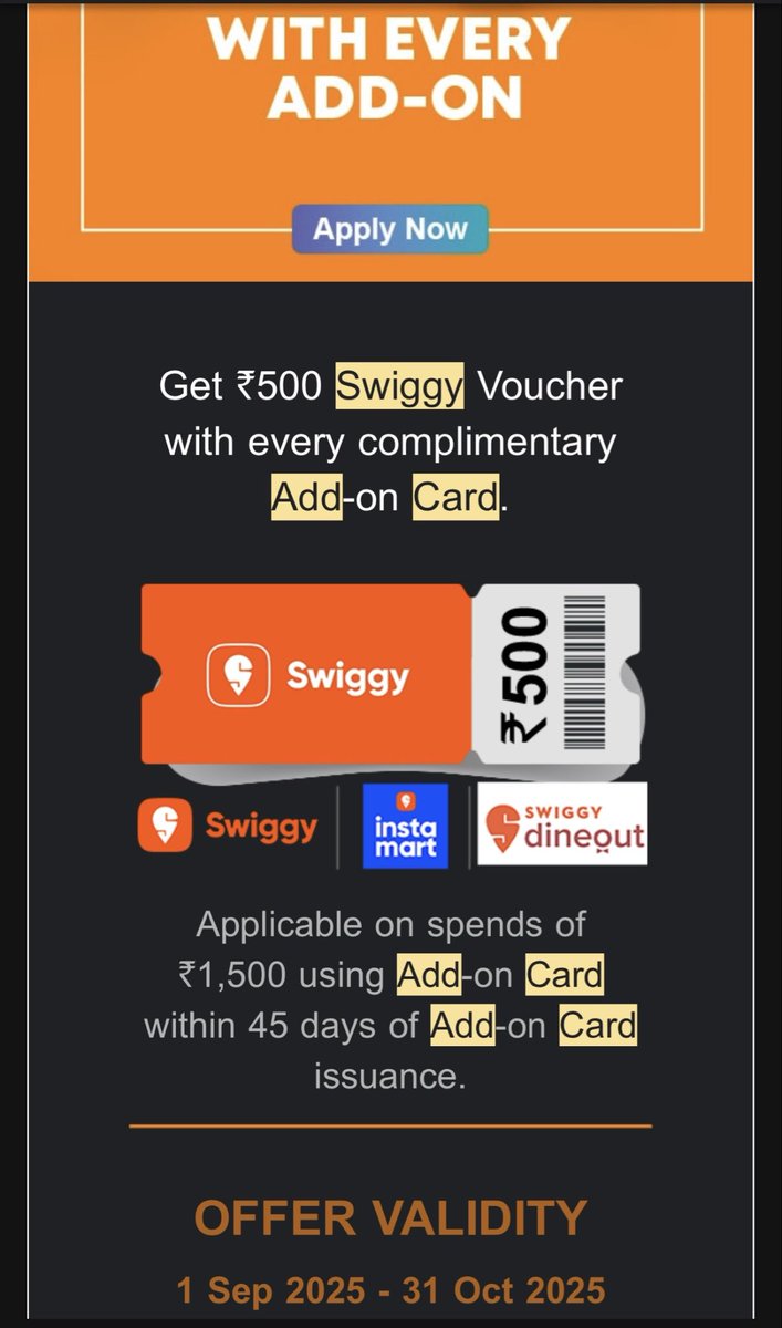 Praveensailor's tweet image. Unlock a ₹500 Swiggy voucher with every complimentary SBI Add-on Credit Card! 🍽️
Valid from 1 Sep to 31 Oct 2025. T&amp;amp;Cs apply.
#SBICard #SwiggyVoucher #AddOnCard #FamilyRewards #OfferAlert