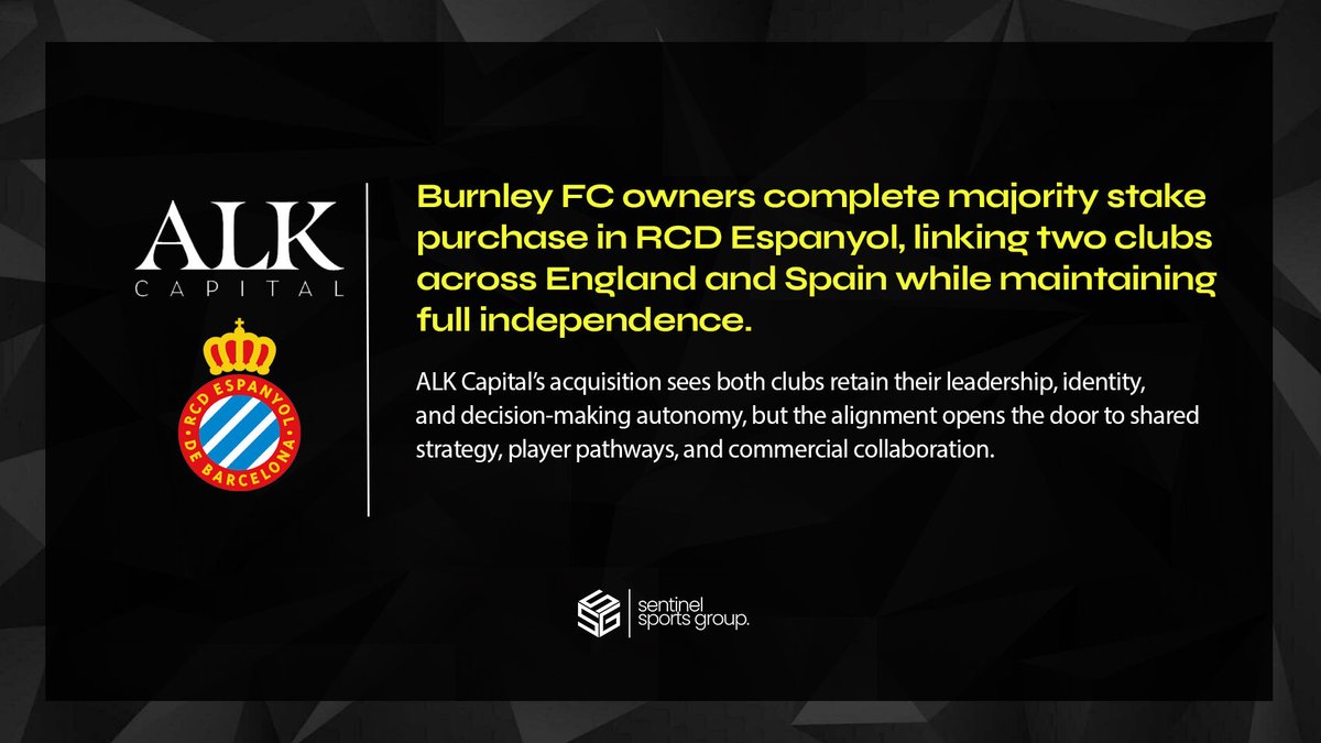 ALK Capital, through Velocity Sports Partners, has acquired a majority stake in <a href="/RCDEspanyol/">RCD Espanyol de Barcelona</a> for €130m, linking <a href="/BurnleyOfficial/">Burnley FC</a> and Espanyol while keeping both clubs independent.