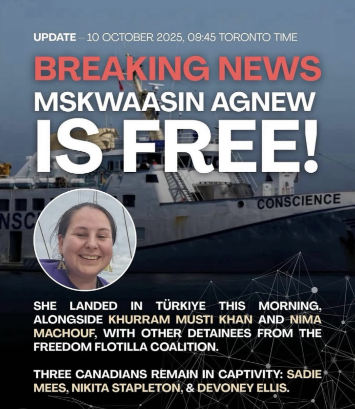 My colleague and Parkdale-High Park neighbour Mskwaasin Agnew has been released by the Israeli government. I'm ashamed that our Parkdale MP, <a href="/kbardeesy/">Karim Bardeesy</a>, would not speak to her advocates about her detention. Instead, his staff called the police, and eight people were arrested.