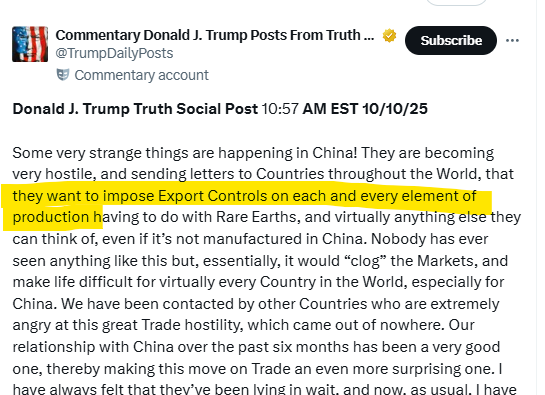 FreeTradeBryan's tweet image. ➡️I haven&apos;t read his entire post but it seems weird that President Trump is mad at China for putting export controls on every element of production, while he wants to put IMPORT CONTROLS on nearly every element of production. Seems like he should send them a thank-you letter?