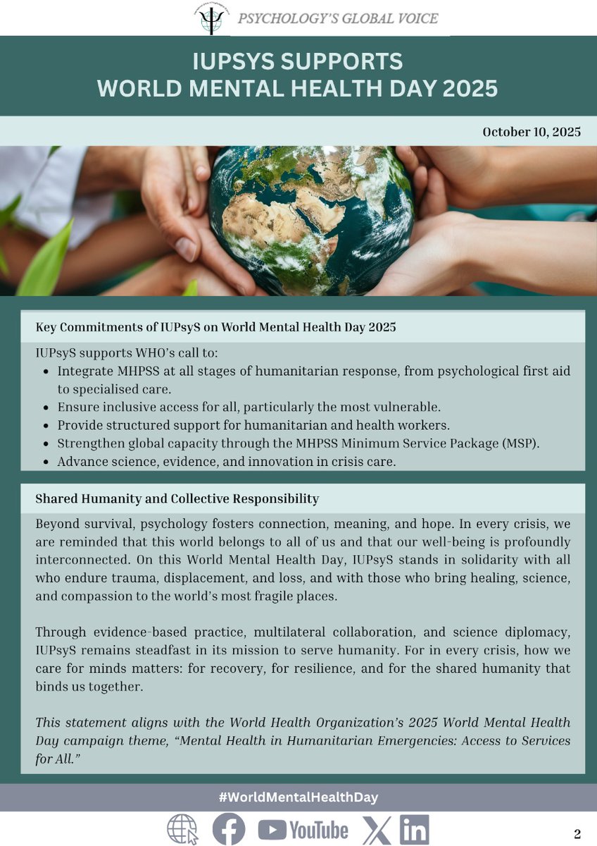 On World Mental Health Day 2025, the International Union of Psychological Science (IUPsyS) reaffirms its commitment to the World Health Organization’s theme, “Mental Health in Humanitarian Emergencies: Access to Services for All.”

In contexts of conflict, displacement,