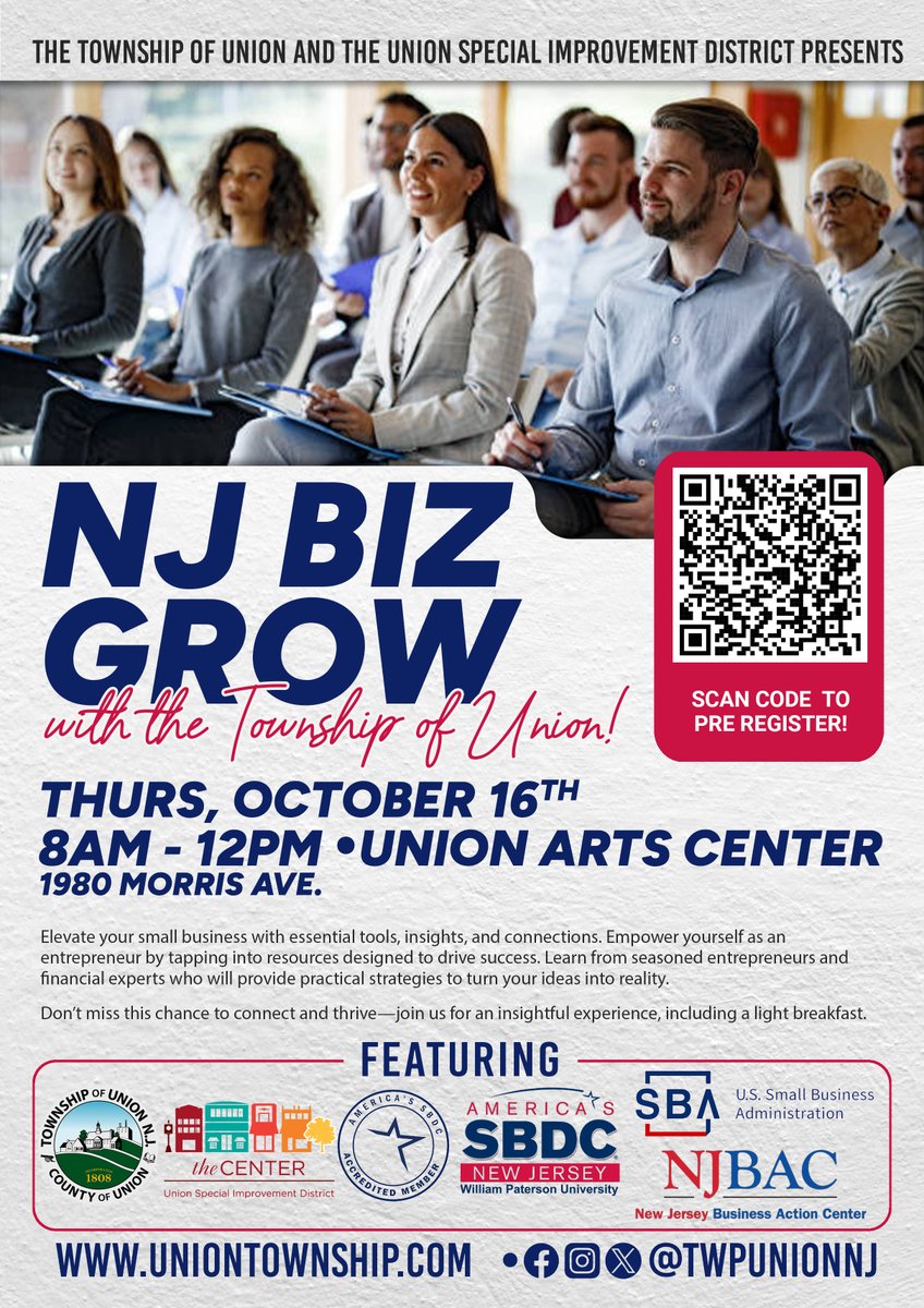 Grow your business with the NJ Biz Grow workshop in the Township of Union!

📅 Thurs, Oct 16th
⏰ 8AM - 12PM
📍 Union Arts Center (1980 Morris Ave)

Scan the QR code to pre-register now or visit UNIONTOWNSHIP.COM.