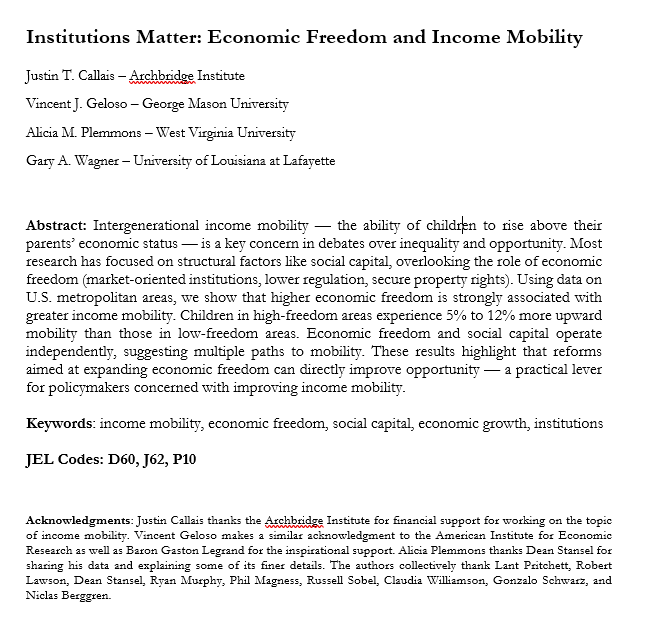 This paper is now forthcoming at Economic Modelling.  Justin, Gary, Alicia and I show that economic freedom in the different metropolitan areas is as important as "economic connectedness" (networks between individuals) in predicting income mobility across generations