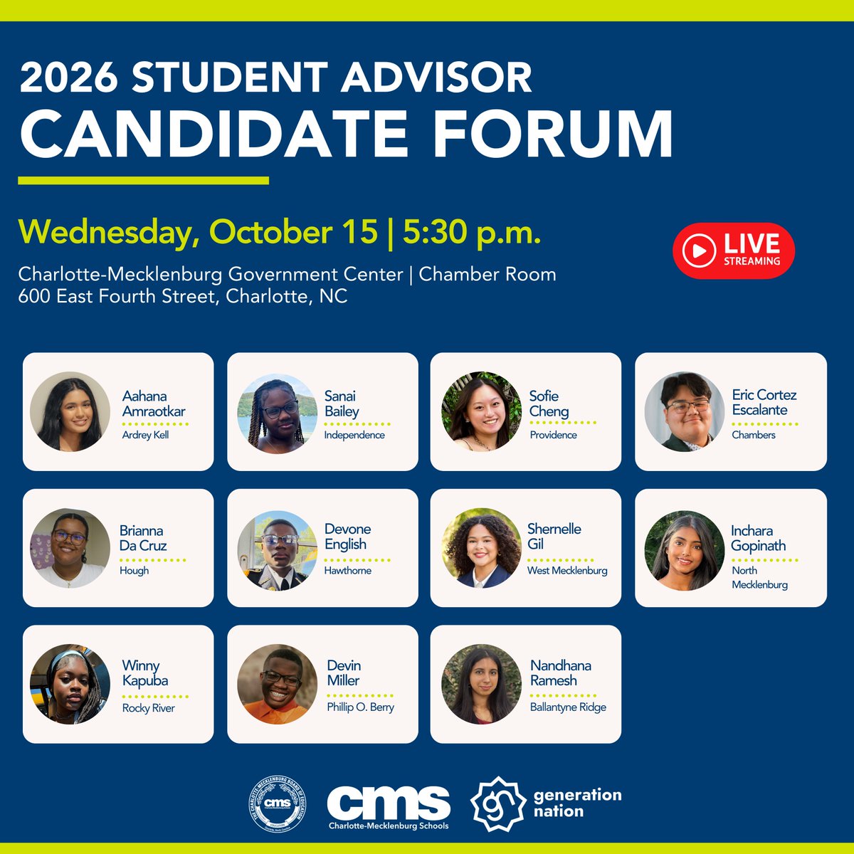 Next Wednesday is your chance to meet the finalists for the 2026 Student Advisor to the Charlotte-Mecklenburg Board of Education.  Hear directly from the candidates and learn how they plan to represent and support students. Stay tuned for livestream details coming soon.