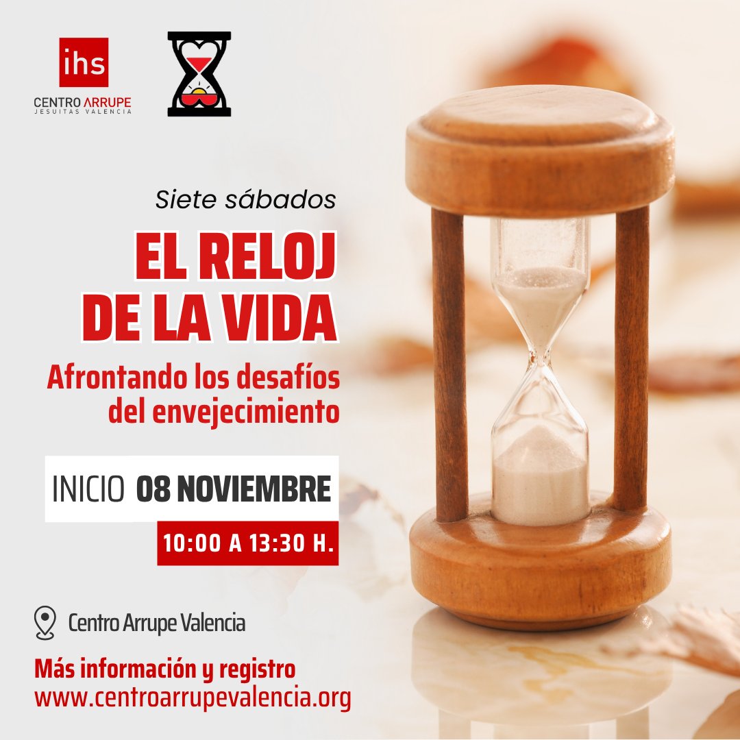 ¿En el #AtardecerDeLaVida y buscando paz interior? 🌅 Te invitamos a "El Reloj de la Vida" de @CVX_ES: 7 sábados de espiritualidad ignaciana para afrontar el #envejecimiento con plenitud y sentido.

🗓️ Inicio: 08 Nov. (10:00-13:30h)

Info y Registro ⏬
centroarrupevalencia.org/pagina-plantil…