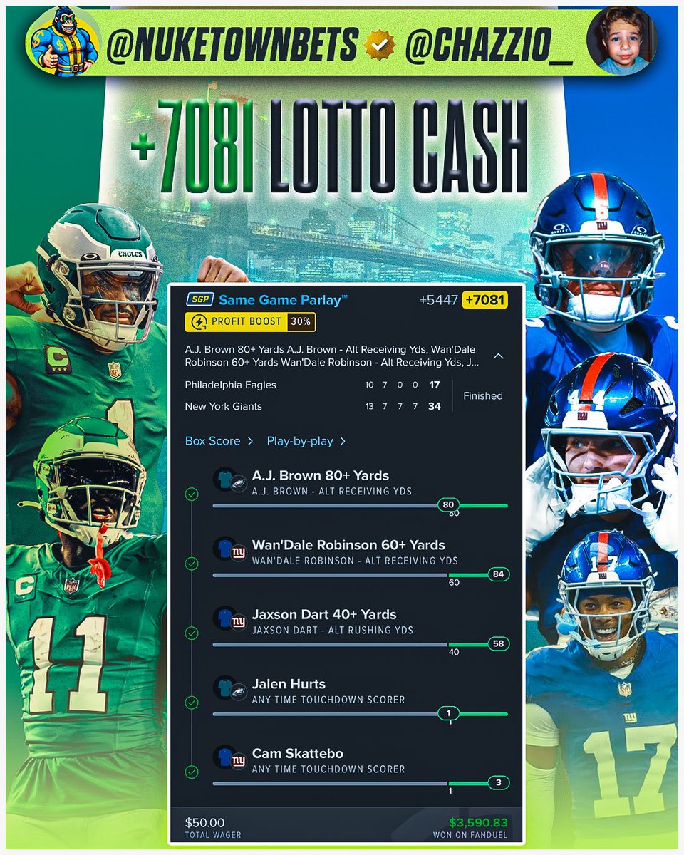 chazzio_'s tweet image. WE CASHED THE TL LAST NIGHT ✅

MAN DO I LOVE FOOTBALL 🏈🦍 
Let’s see them green slips if you tailed!!