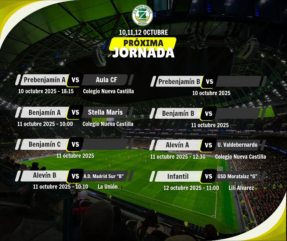 Próximos partidos de nuestros equipos 💪🏼⚽ 

#adnuevacastilla💛💚