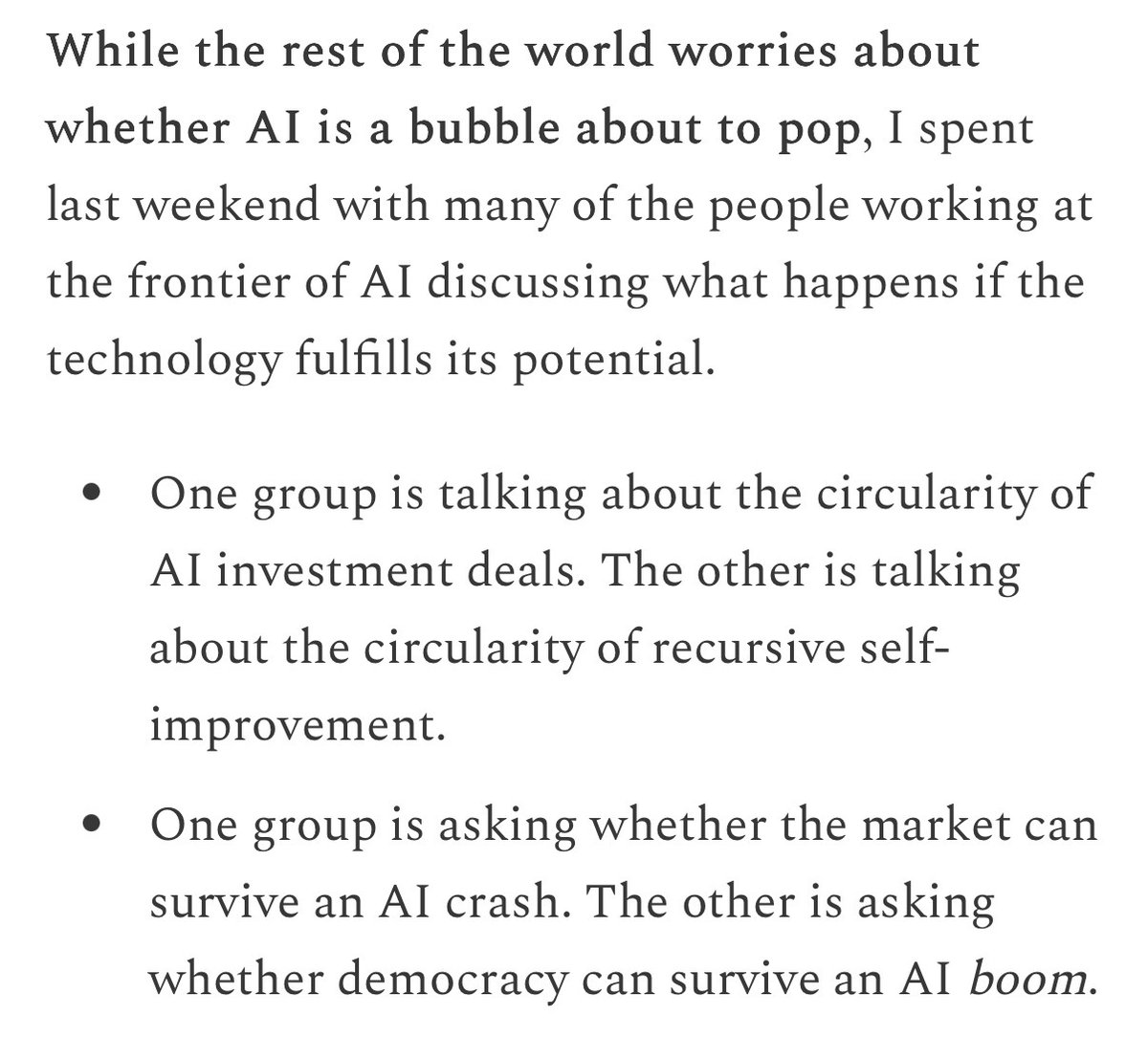 ShakeelHashim's tweet image. In today’s Transformer, I wrote about the very scary disconnect I felt between the conversations I was having with people like @jachiam0 and @jackclarkSF at The Curve, and the way the wider world talks about AI.