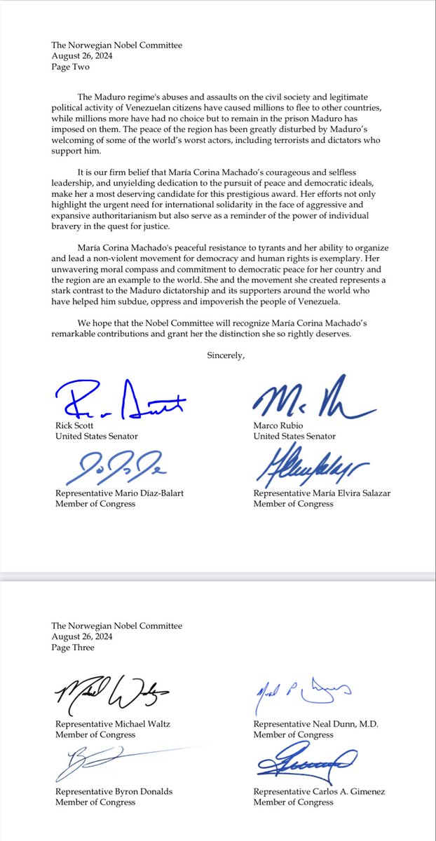 RepMariaSalazar's tweet image. Nominar a @MariaCorinaYA al Premio Nobel de la Paz, junto an mis colegas @RepCarlos, @MarioDB y @SecRubio, fue gran un honor.

Hoy, el mundo reconoce lo que los venezolanos siempre han sabido: ella encarna el valor, la integridad y un amor inquebrantable por la libertad.